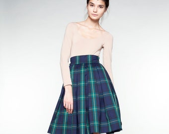 Wool Skirt, Plaid Skirt, Full Skirt, High Waist Skirt, Blue Skirt, Flare Skirt, Circle Skirt, 1950's Skirt, Retro Skirt, Vintage Style Skirt