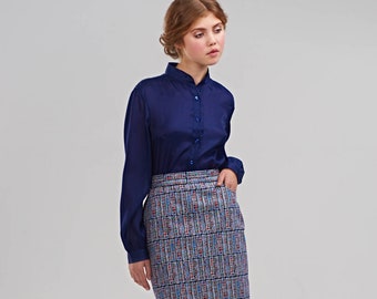 Blue Shirt, Elegant Shirt, Office Outfit, Collar Blouse, 1950's Shirt, Minimalist Clothing, Plus Size Clothing, Blue Top, Office Clothing