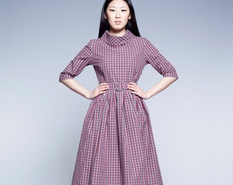 Women Dress, High Neck Dress, Midi Dress, Flare Dress, Gingham Dress, 1950's Dress, Retro Dress, Office Dress, Vintage Style Dress, Pocket