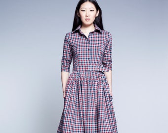 Women Plaid Dress, Midi Dress, Shirt Dress, Retro Dress, Flare Dress, 1950's Dress, Pleated Dress, Plus Size Clothing, Pocket Dress,Collared