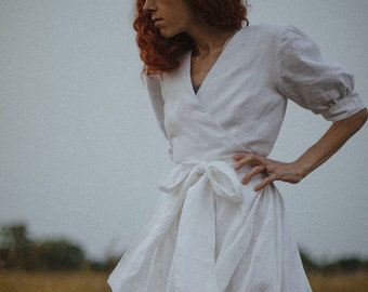 Modest boho white linen wedding dress with sleeves - Simple alternative bridal gown - Minimalist courthouse dresses by mrspomeranz