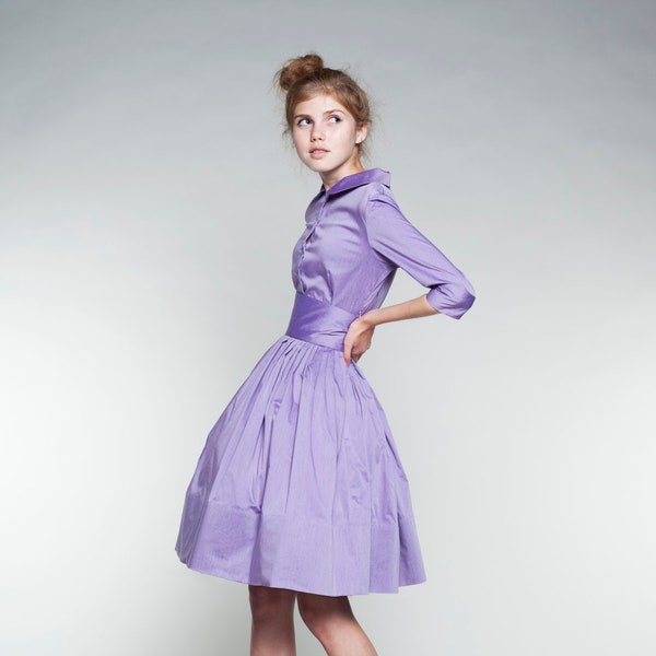 Women Midi Dress, Lilac Flare Dress, 1950's Dress, Modest Dress, Bridesmaid Dress, Collar Dress, Shirt Dress, Office Dress, Cocktail Dress