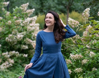 Women Linen Dress, Navy Blue Dress, Linen Wedding Dress, Flare Dress, Minimalist Clothing, Modest Dress with pockets