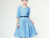Linen Bridesmaid dress - 1950's vintage style simple casual wedding dresses - Blue flare gown