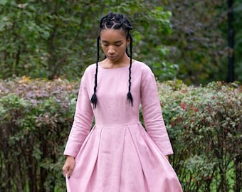 Modest linen pink romantic wedding guest dress - Simple midi dresses for women with long sleeves and cotton lining in custom size