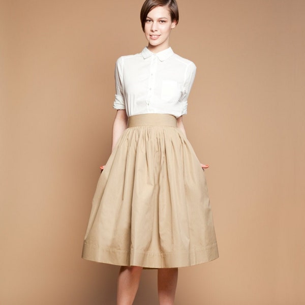 Jupe midi évasée, Jupe sur mesure, Jupe taille haute beige, Jupe plissée, Jupe de mariage décontractée, Jupe avec poche, Jupe évasée, Jupe de cocktail, Années 50