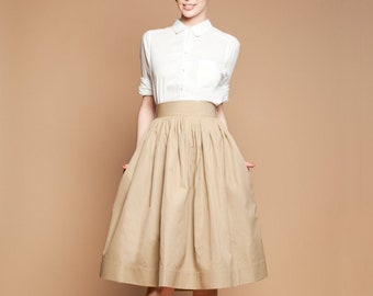 Full Midi Skirt, Custom Skirt, Beige High Waist Skirt, Pleated Skirt, Casual Wedding Skirt, Pocket Skirt, Flare Skirt, Cocktail Skirt,1950's