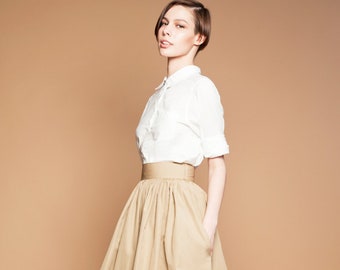 White Cotton Midi Skirt/High Waist Skirt/High Waisted White Skirt/Formal Skirt/Sample Sale/US2
