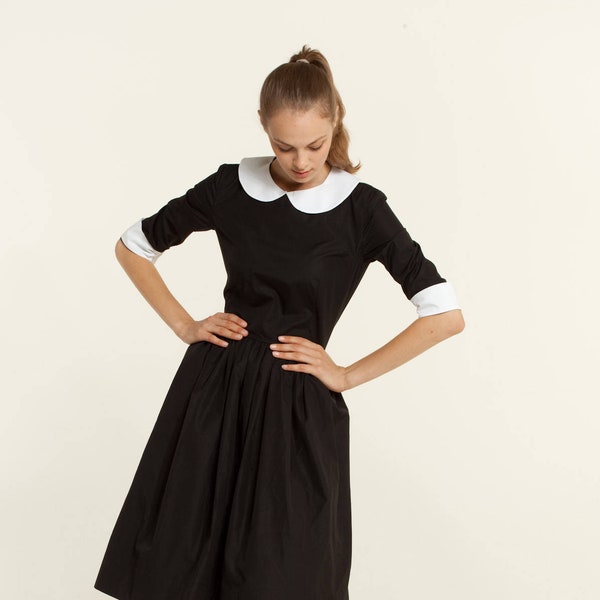 Robe noire avec col blanc, robe Audrey Hepburn, robe midi, robe modeste, robe prairie, robe en coton, robe des années 1950, robe de style vintage