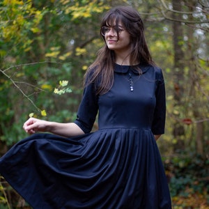 Navy wool pleated midi dress for women with Peter Pan collar great for winter in sizes XS - XXL
