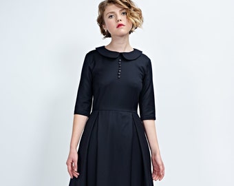Schwarzes Wollkleid, A-Linien-Kleid, 1950er Jahre Kleid, Swing-Kleid, Peter Pan-Kragen-Kleid, Vintage-Stil Kleid, Kragen-Kleid, Prärie-Kleid, Winter