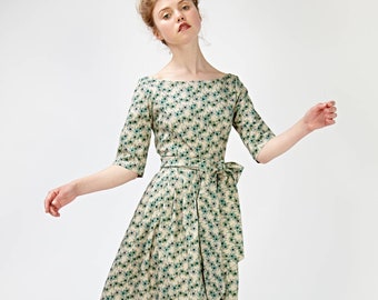 Women Midi Dress, Green Dress, Bridesmaid Dress, Floral Dress, 1950's Dress, VLV Dress, Vintage Style Dress,Wedding Guest