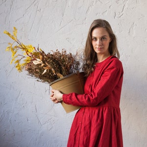 Red Linen Dress, Little Women Dress, Linen Collar Dress, Linen Clothing, Flare Dress, Plus Size Linen, Loose Dress, Modest Dress, Linen Wear image 1