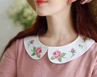 Detachable collar with hand stitch rose embroidery - Peter Pan removable embroidered collars for women - Floral 1950s vintage style clothes