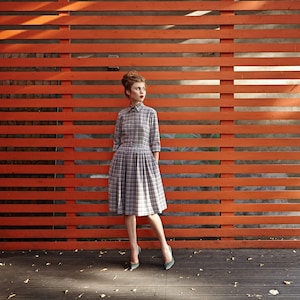 Wool Midi Dress, Plaid Dress, Modest Dress, Shirt Dress, Pleated Dress, Flare Dress, Winter Dress, Knee Length Dress, 1950&#39;s Dress,VLV Dress