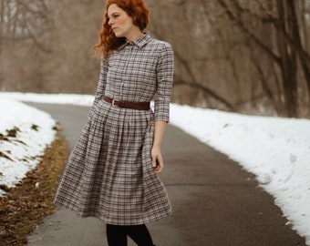 Women Midi Dress, Wool Dress, Plaid Dress, Vintage Style Dress, 1950's Dress, Shirt Dress, Pleated Dress, Flare Dress, Pocket Dress, Belt