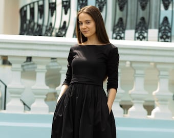 Little black dress - Modest cotton pleated dresses with bow and pockets for women available in different custom colors by Mrspomeranz