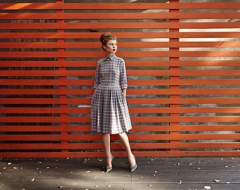 Wool Midi Dress, Plaid Dress, Modest Dress, Shirt Dress, Pleated Dress, Flare Dress, Winter Dress, Knee Length Dress, 1950's Dress,VLV Dress