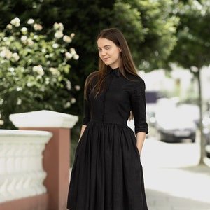 Black linen shirt dress Modest simple minimalist dresses with pockets by Mrspomeranz image 2