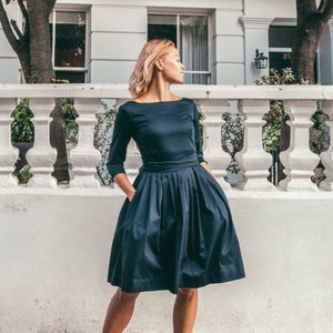 Navy blue cotton midi pleated dress for women available in different custom colors
