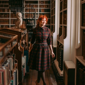 Wool red plaid winter tartan casual cozy office dress by Mrs Pomeranz