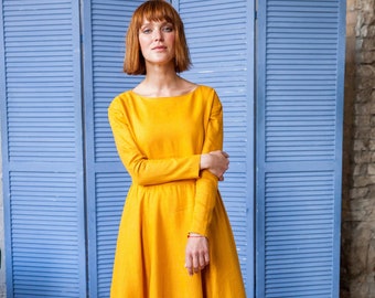 Simple boho mustard yellow dress - Linen organic maxi dresses with pockets and long sleeves - Modest loose outfit
