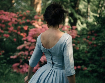 Light blue linen simple wedding dress - Alternative wedding dress - Retro tea-length spring/ summer wedding guest dresses  by Mrs Pomeranz