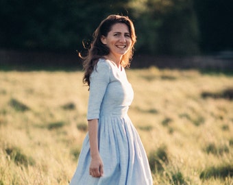 Blue Linen Wedding Dress - Reception Dress - 1950&#39;s Boho Wedding Dress - Plus Size Fall Dress by Mrs Pomeranz