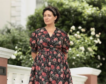 Liberty of london dress - Dark floral plus size short wrap dresses - Wedding guest cotton tana lawn gown