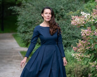 NAVY BLUE DRESS - Modest Linen Dress, Women Linen Dress, Linen Prairie Dress, Linen Pleated Dress, Long Sleeves Dress, Linen Clothing, Amish