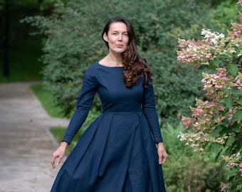 Navy Blue Dress, Modest Linen Dress, Women Linen Dress, Linen Prairie Dress, Linen Pleated Dress, Long Sleeves Dress, Linen Clothing, Amish