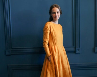 Linen Mustard Dress, Modest Dress, Linen Clothes, Little Women Dress, Long Sleeve Dress, Yellow Dress, Linen Wear, Plus Size Linen Clothing
