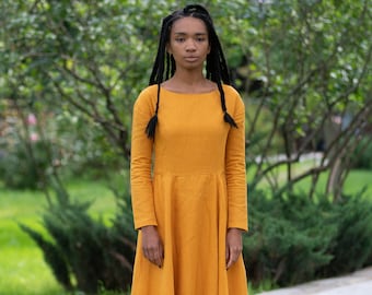 Mustard linen dress - Yellow long sleeved dresses - Modest maxi gown - Simple organic loose clothing