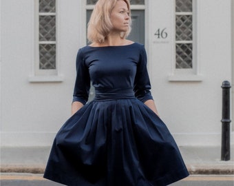 Navy Blue Dress, Women Circle Dress, Pleated Dress, Plus Size Clothing, Long Sleeves Dress, Midi Dress, Bridesmaid Dress, 1950