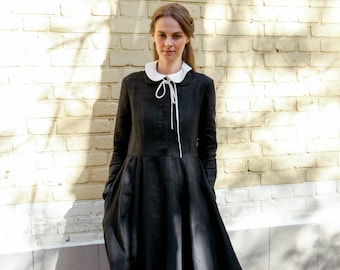 Black Linen Dress, Peter Pan Collar Dress, Long Sleeve Dress, Collar Linen Dress, Linen Clothing, Victorian Dress, Pocket Dress, Loose Dress