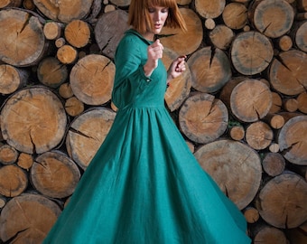 Fall Linen Dress / Long Sleeves Linen Dress / Classic Linen Dress / Collared Women Dress