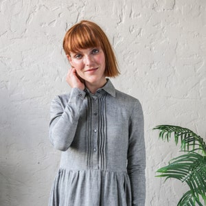 Gray Linen Dress, Prairie Dress, Little Women Dress, Shirt Linen Dress, Linen Clothing, Flare Dress, Modest Dress, Linen Collar Dress, Loose