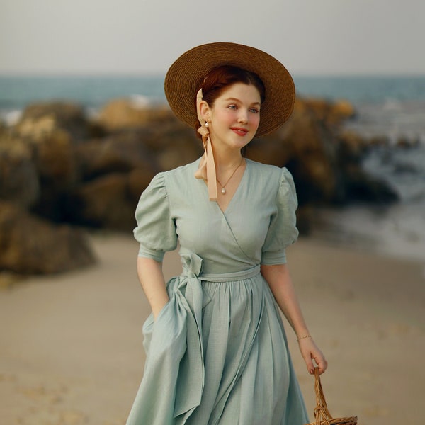 Robe cache-cœur en lin - Robes de style vintage des années 1950 pour la mère de la mariée, le marié, la demoiselle d'honneur rétro, l'invitée au mariage par Mme Pomeranz