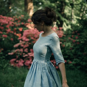 Robe de mariée midi en lin simple et rétro - Robes bleues formelles des années 50 pour femme par Madame, prête à être expédiée
