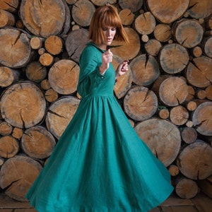 Fall Linen Dress / Long Sleeves Linen Dress / Classic Linen Dress / Collared Women Dress