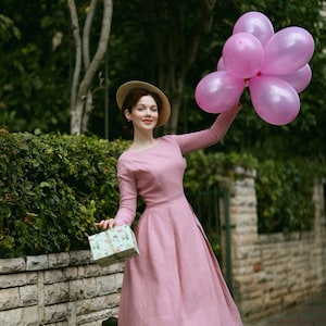 Pink Maid of Honor Linen Dress - Feminine Wedding Guest Dress - Romantic Modest Style - Custom Size Available