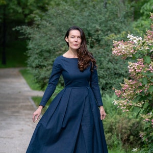 NAVY BLUE DRESS - Modest Linen Dress, Women Linen Dress, Linen Prairie Dress, Linen Pleated Dress, Long Sleeves Dress, Linen Clothing, Amish