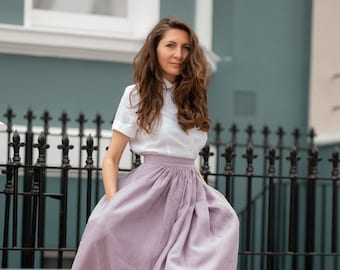 Lilac linen long skirt - Midi gathered high waisted skirts with pockets by Mrspomeranz