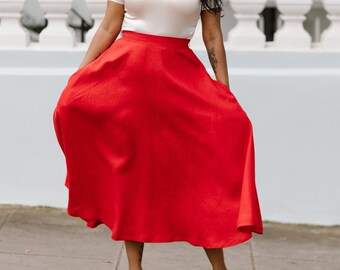 Linen Skirt 1950s Red Midi Skirt Bright Red Linen Midi Skirt Full