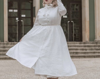 Modest alternative linen wedding dress - Plus size white organic shirt dresses with pockets by Mrs pomeranz