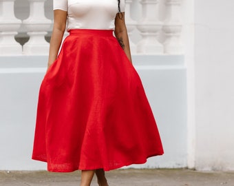 Bright red linen midi skirt - Full circle long high waist skirts with pockets by Mrspomeranz