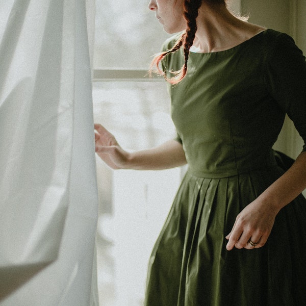 Green bridesmaid midi dresses - Modest vintage style wedding guest dress - 1950s style retro pleated dress by Mrs Pomeranz