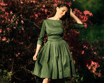 Vestido de dama de honor verde, vestido de algodón, vestido circular, vestido pin up, vestido ajustado y acampanado, vestido swing, vestido de invitada de boda, vestido de cóctel