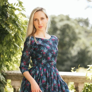 Floral cotton wedding dress, blue bridesmaid dress, tea length floral dress, mother of bride or groom Tosca dress by Mrs Pomeranz