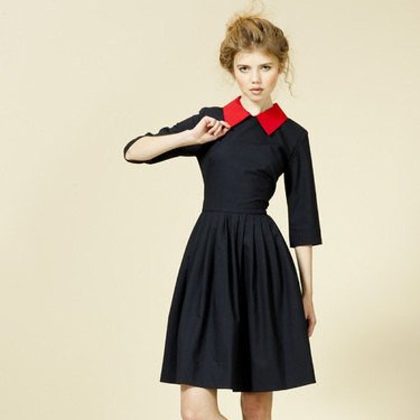 Vestido de lana, vestido negro, vestido de invierno, vestido de bengala, vestido de 1950, vestido de estilo vintage, vestido plisado, vestido retro, vestido de cuello, vestido mod